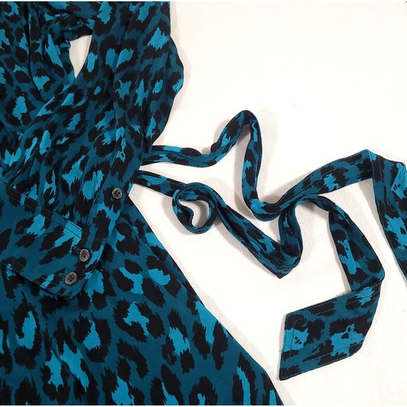 Diane Von Furstenberg Animal Print Dress XL Blue Cheetah Button Up Viscose Tie - Picture 5 of 15